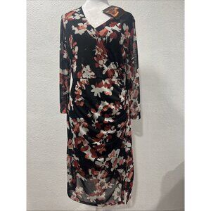 NEW IMAN Global Chic SZ L  Printed Mesh Surplice Dress Front Slit Black FLORAL